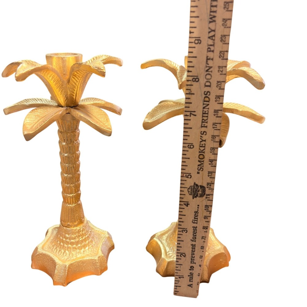Gold Palm Tree Candle Holders Set 2 Metal Hollywood Regency Taper Candlestick 8" - Picture 6 of 9